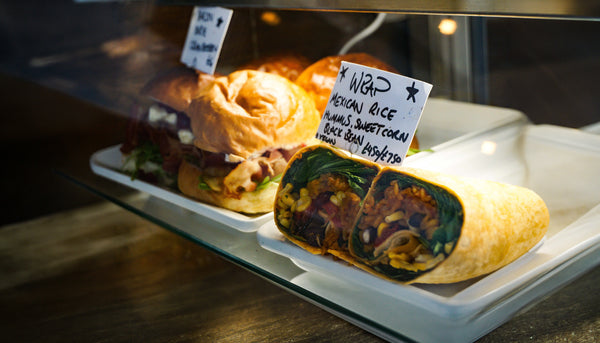 A deli counter filled with fresh homemade, wraps, baps, sandwiches and salads at Rockets and Rascals cafe in Poole, Dorset.